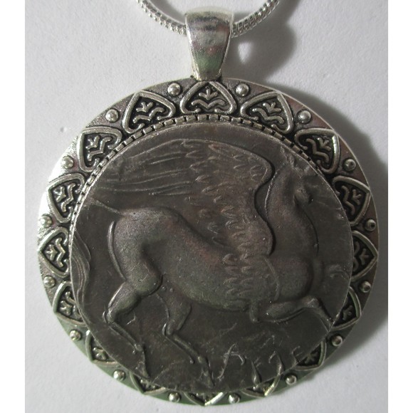 Very High Relief Sky Goddess Flying Pegasus Coin/Pendant silver necklace - Picture 1 of 9